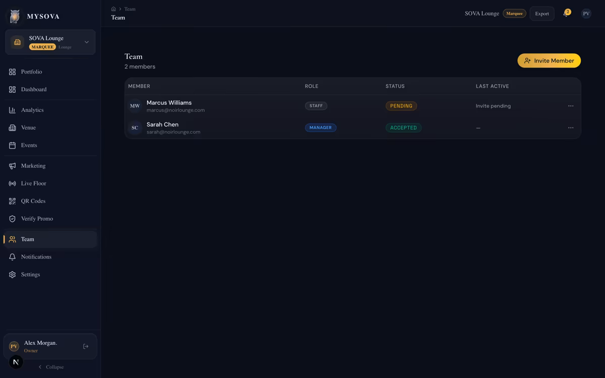 Team management screen